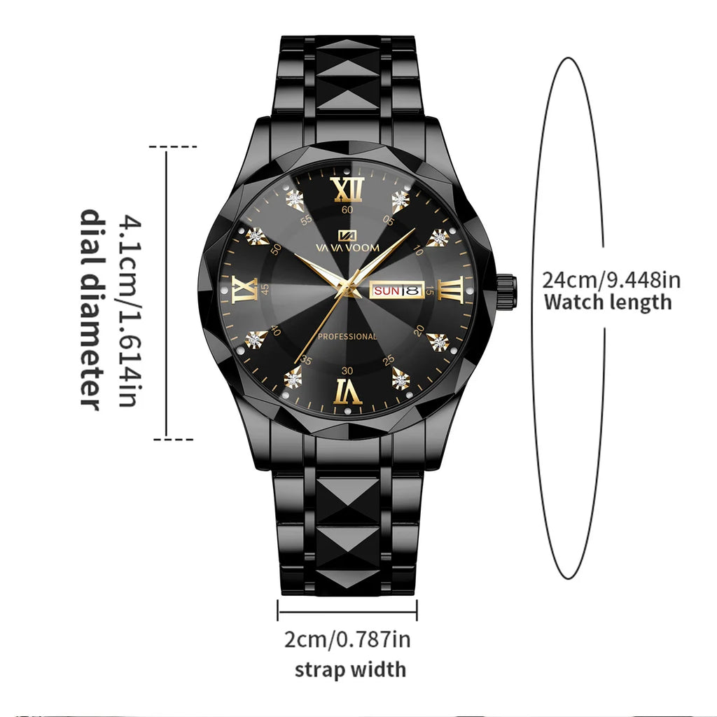 Men Watch Water Diamond Luxury Night Glow Double Calendar Quartz Movement 41Mm Blue Gold Stainless Steel Fashion Business Watch