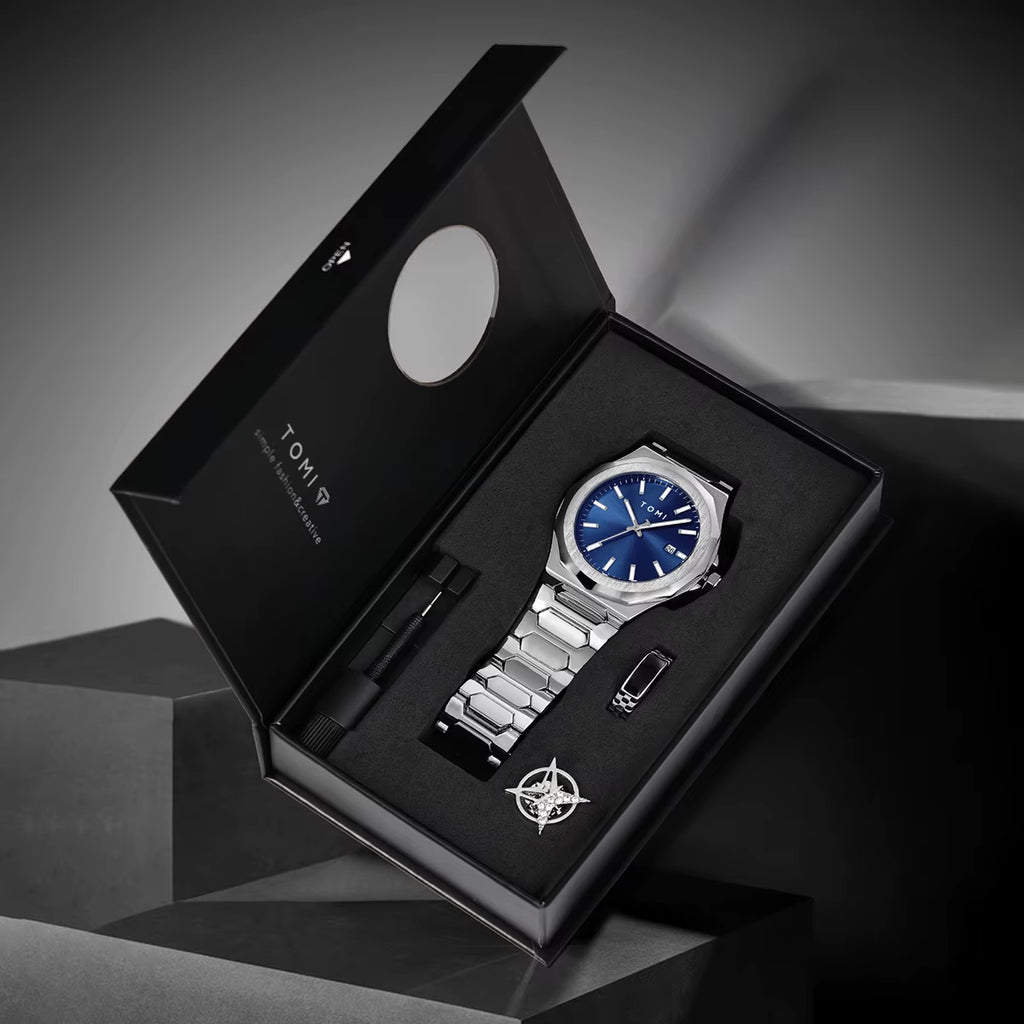 Luxury Business Men'S Watch Gift Box Set High Quality Rose Gold Case Simple and Versatile Quartz Watch Relogio Masculino