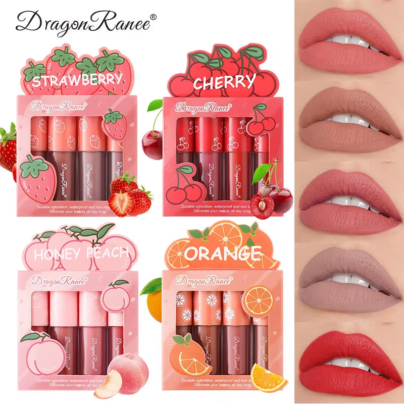 Mini Velvet Matte Lip Gloss Set, 3Pc/4Pcs Non-Fading, Non-Stick Cup, Long-Lasting Fruit Scented Lip Tint, Smooth and Lightweight