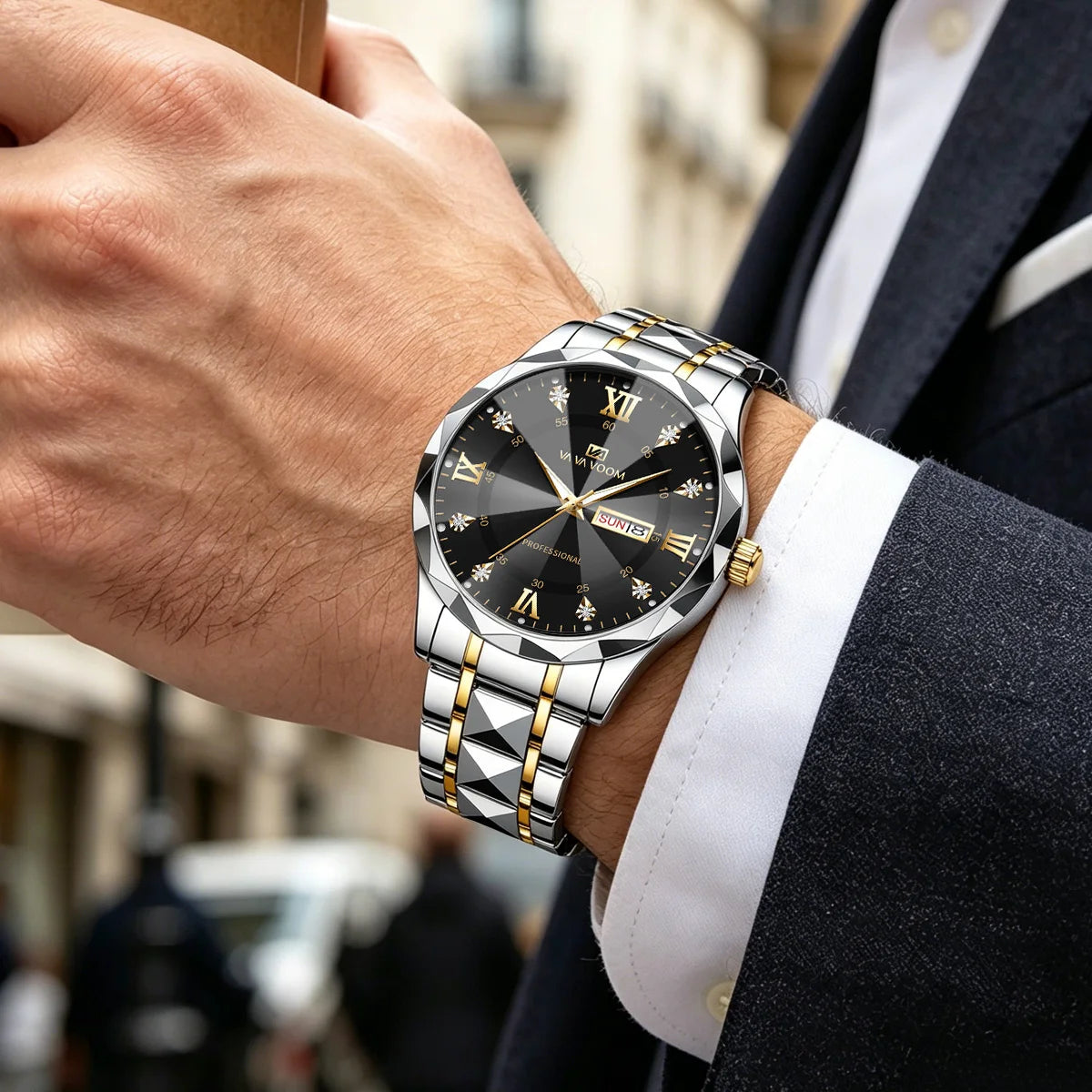 Men Watch Water Diamond Luxury Night Glow Double Calendar Quartz Movement 41Mm Blue Gold Stainless Steel Fashion Business Watch