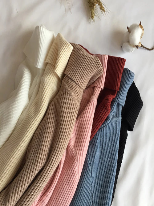 2026 Autumn Winter Thick Sweater Women Knitted Ribbed Pullover Sweater Long Sleeve Turtleneck Slim Jumper Soft Warm Pull Femme