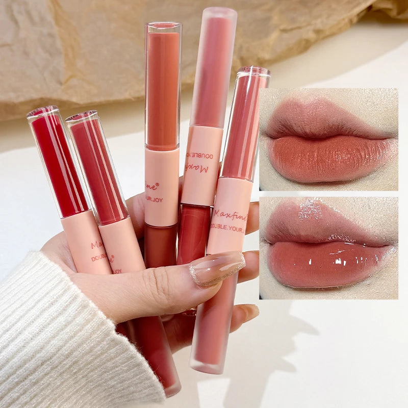 Double End Lip Glaze Full Gloss Mirror and Matte Velvet Long Term Color and Moisture Lip Gloss anti Stain Cosmetic Lip Glaze