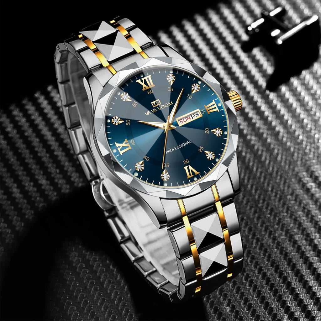 Men Watch Water Diamond Luxury Night Glow Double Calendar Quartz Movement 41Mm Blue Gold Stainless Steel Fashion Business Watch